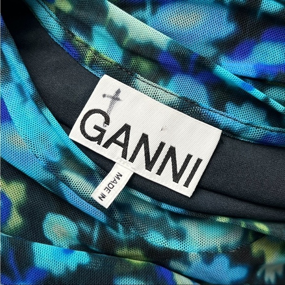 GANNI Floral Ruched Stretch Tulle Short Sleeve Crew Neck Bodycon Sheath Dress XS - Picture 13 of 16